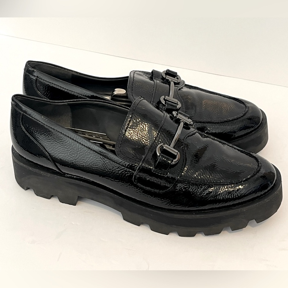 Franco Sarto Black Faux Patent Leather Loafers Women's Size 11M Whimsigoth Moto
